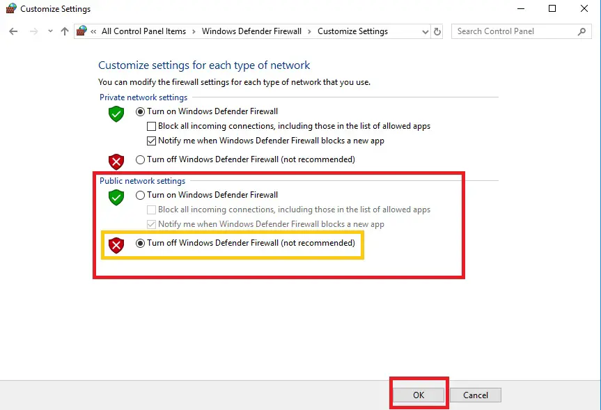 public network settings, how to turn off firewall windows 10