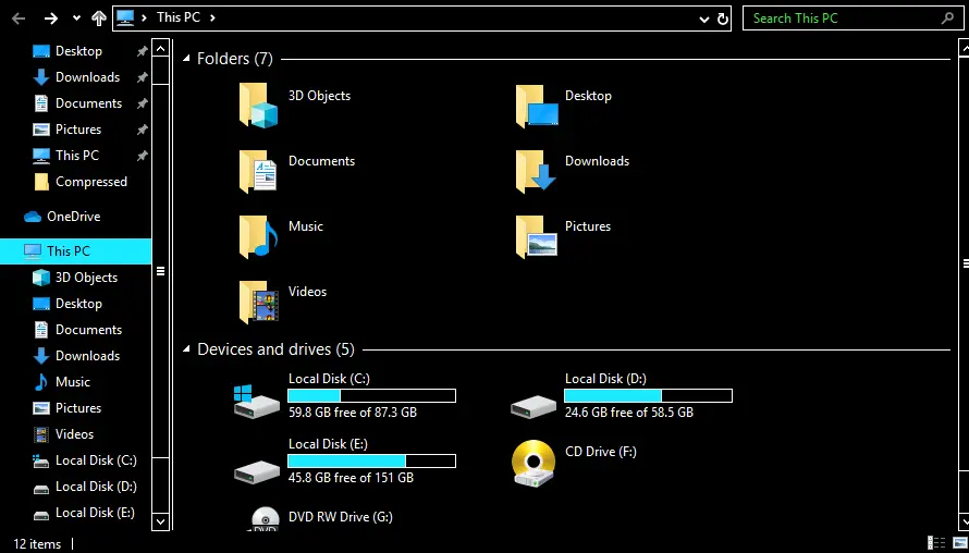 file explorer in dark mode,windows 10 high contrast mode