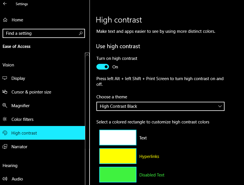 how to do high contrast mode, dark mode windows 10,