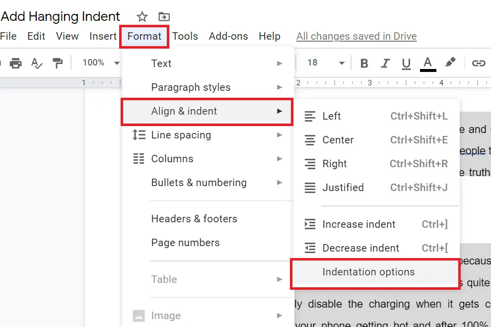 hanging indent google docs