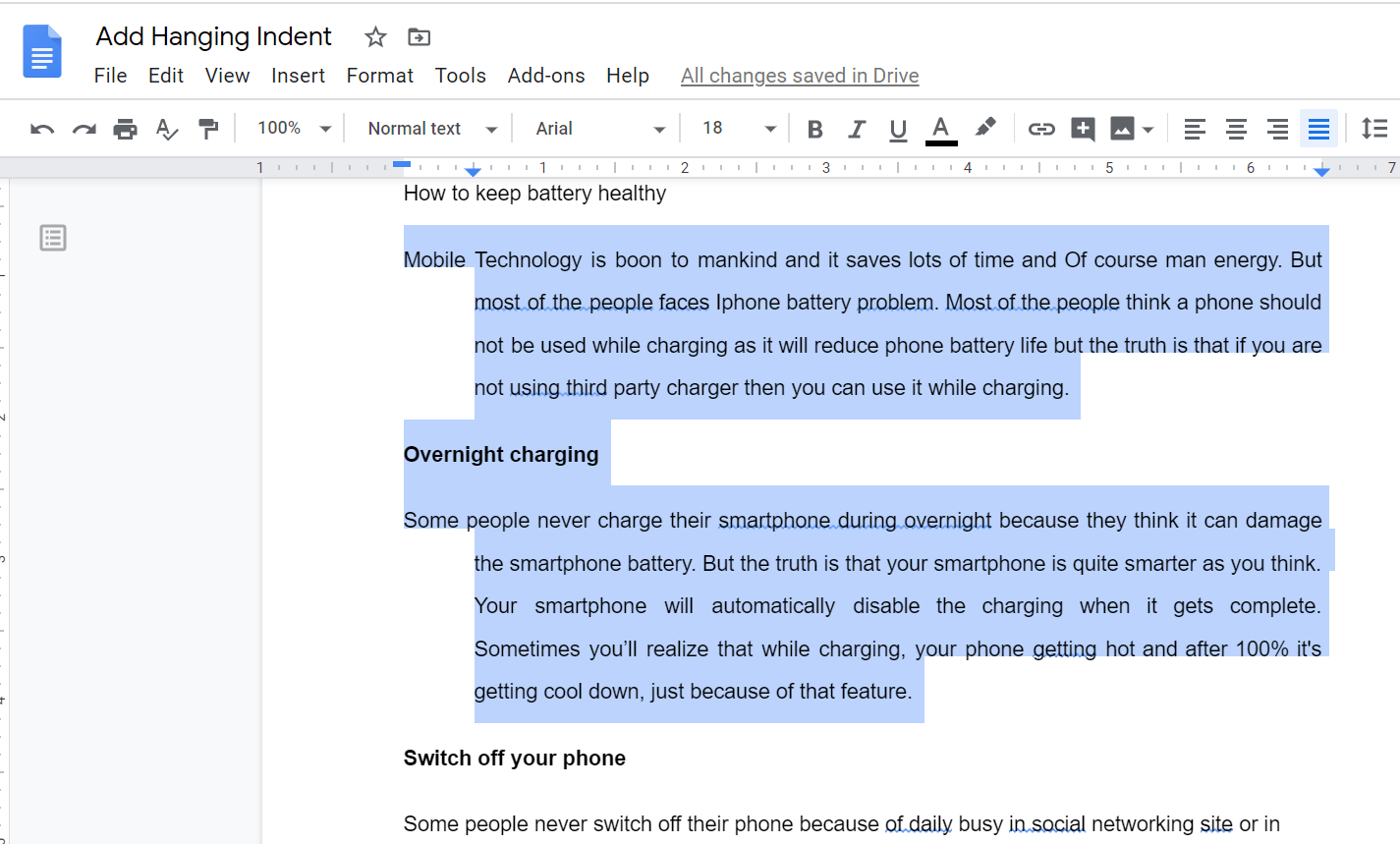 add a hanging indent google docs