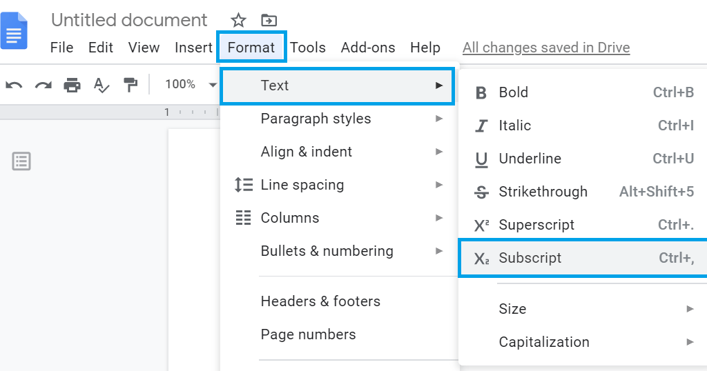 subscript in google docs, how to add subscript in google docs