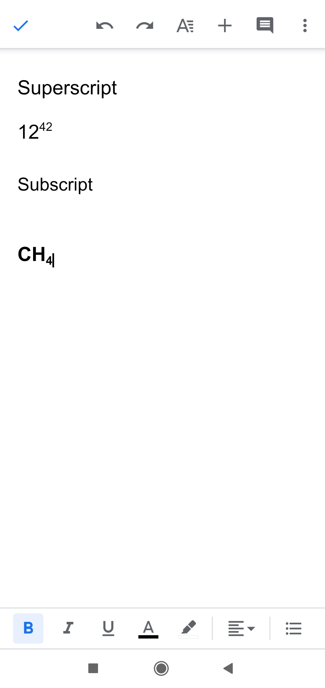 keyboard shortcut for subscript android word