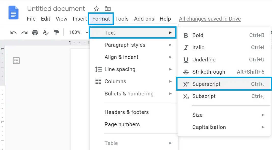 keyboard shortcut for subscript google docs