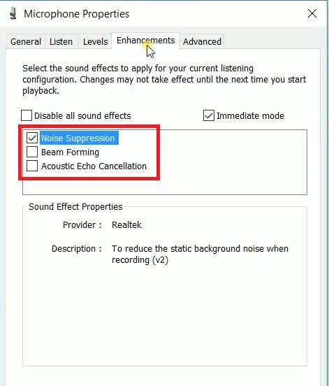 enable noise suppression enable acoustic echo cancellation