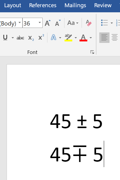 how to write plus minus in word, how to write +- symbol together, ∓