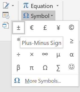 Plus Minus Symbol in Word, +- symbol, how to write plus minus in word