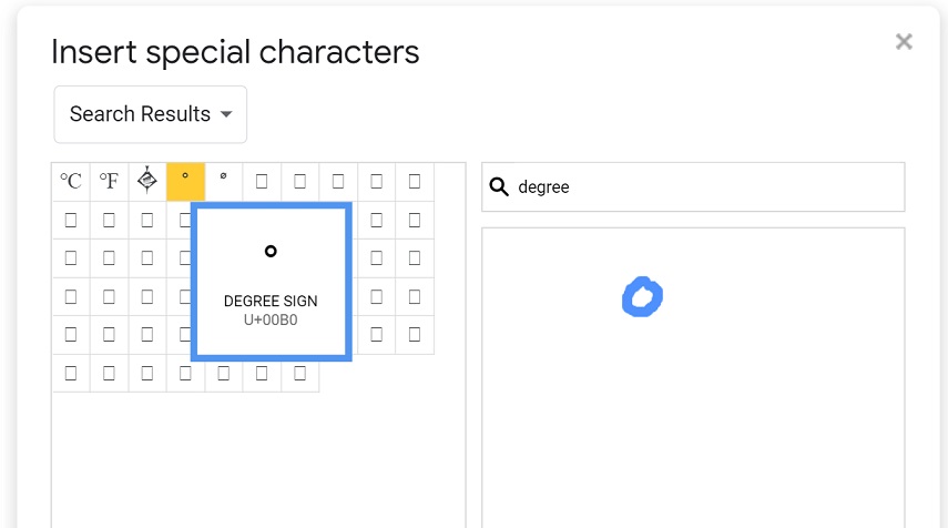 Making degree symbol in Google Docs drawing panel