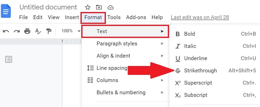 keyboard shortcut for strikethrough google docs