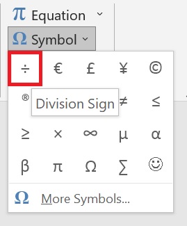 how to insert a division symbol in word