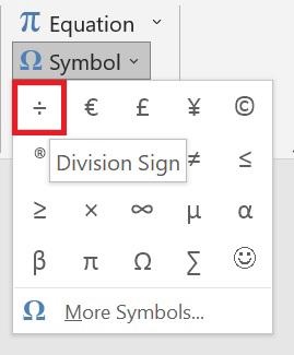 divide sign in word