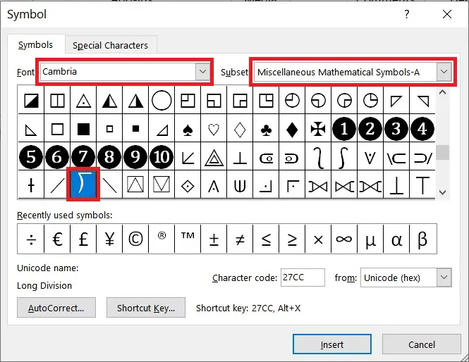 Insert Long division symbol in Word