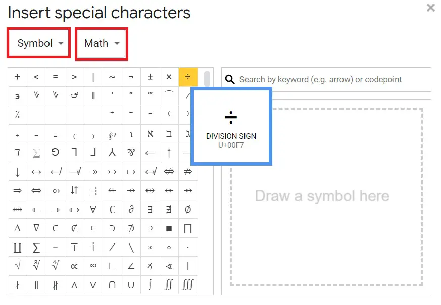 Division symbol in Google Docs