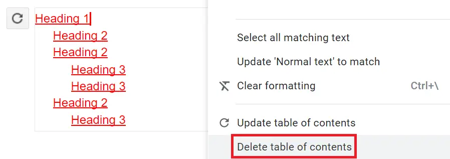How to remove or delete table of contents in Google Docs