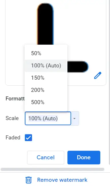 Adjust transparency of watermark in Google Docs