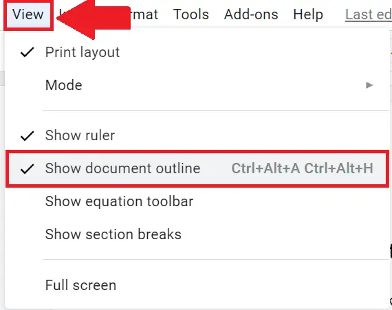 how to open outline in Google Docs