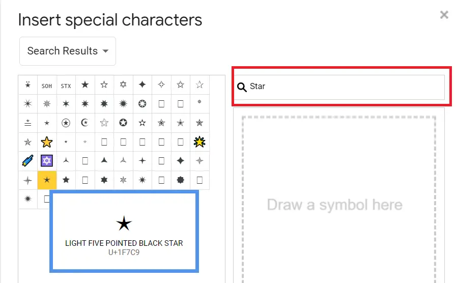 google docs symbol, Star in Google Docs