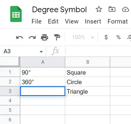 Alt Code Shortcut to insert degree symbol in Google Sheets