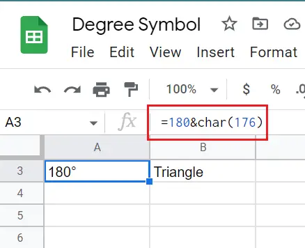 Use Character Function to insert degree symbol in Google Sheets