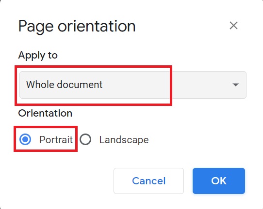 How to change from landscape to portrait in Google Docs