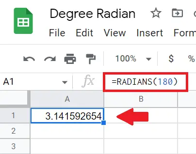 degrees to radians in Google Sheets