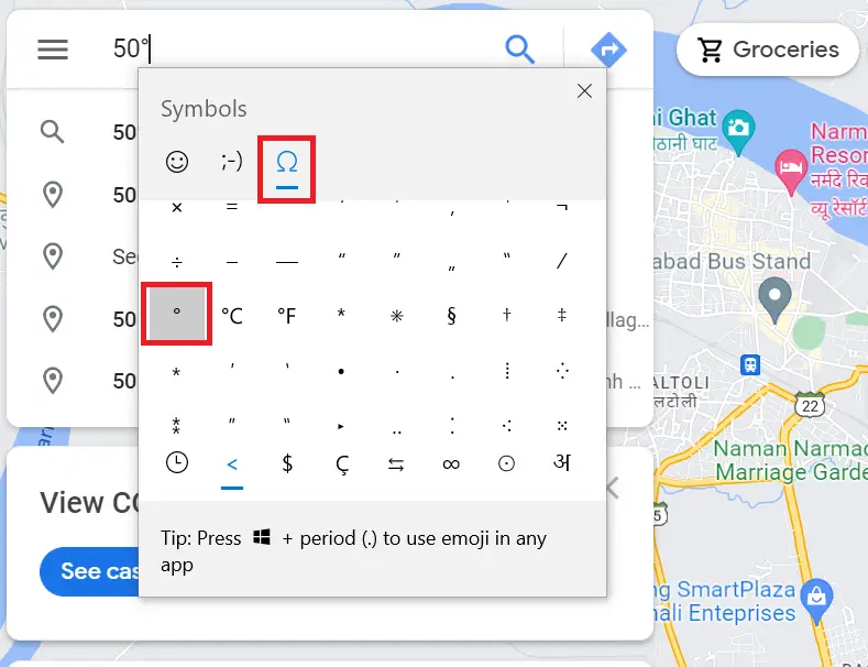 google maps degree symbol