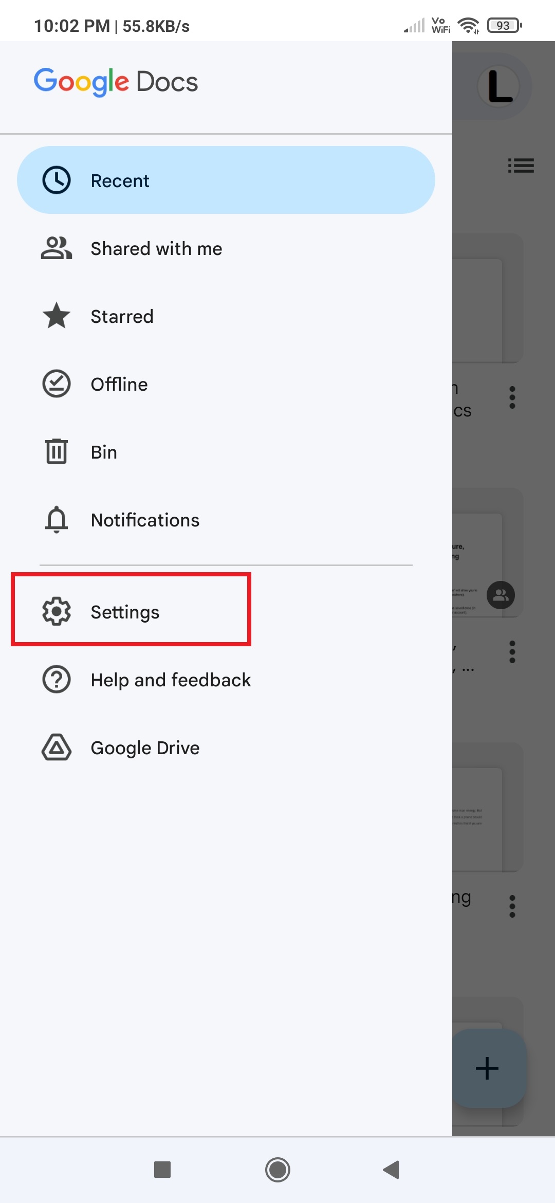 Open Google Docs app settings for dark mode