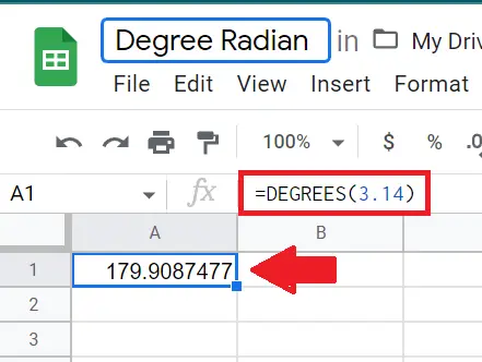 Radians to Degrees in Google Sheets