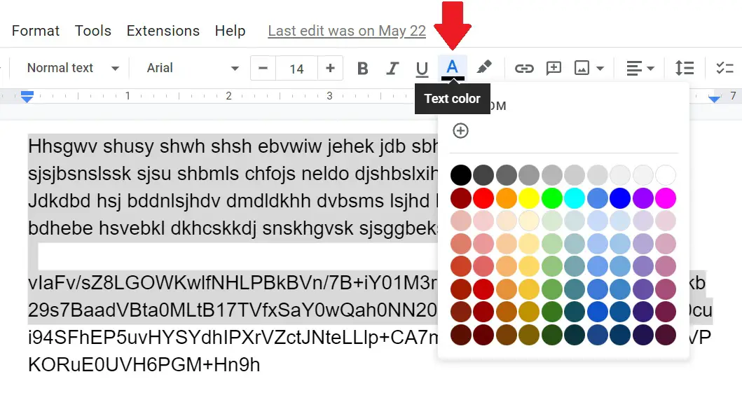 Choose the color from the color palette to change the text color in google docs