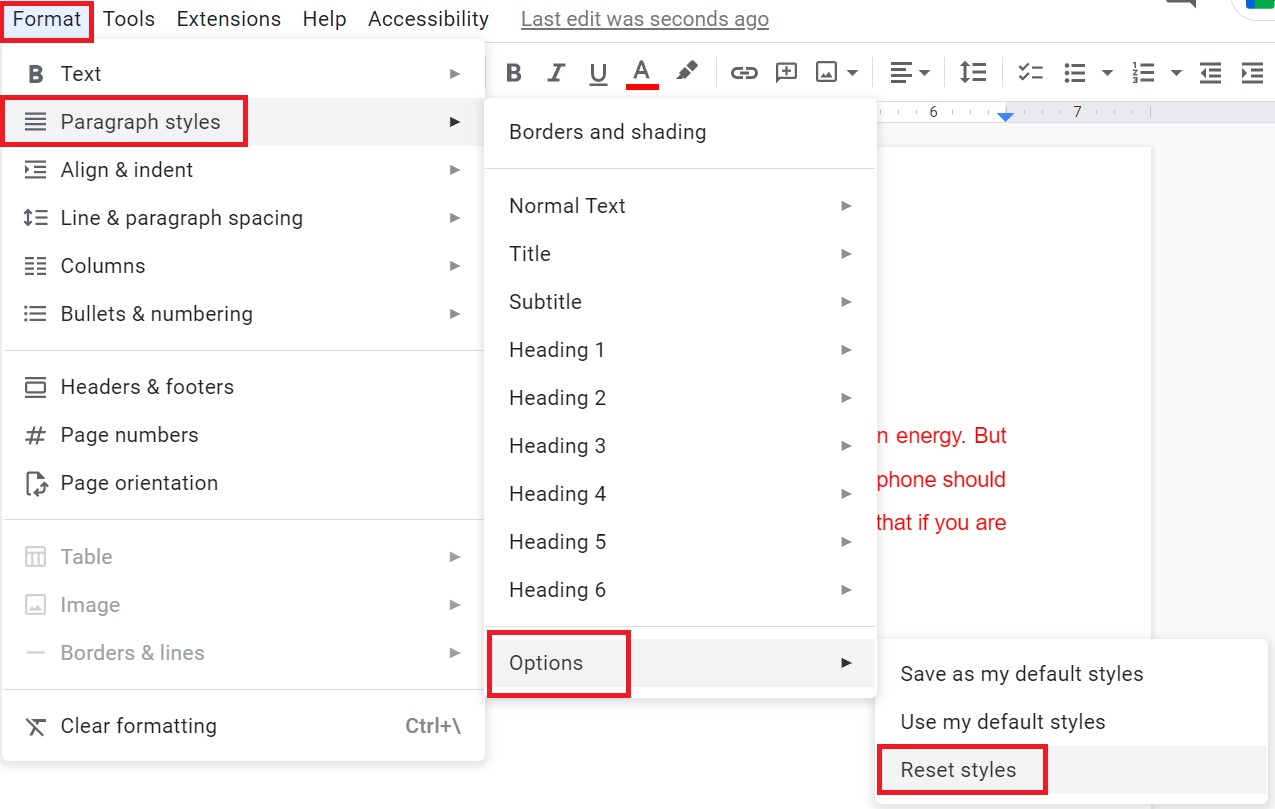 Reset font or text color in Google Docs