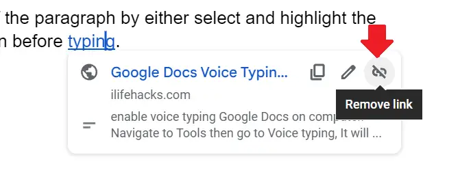 How to remove hyperlink in Google Docs
