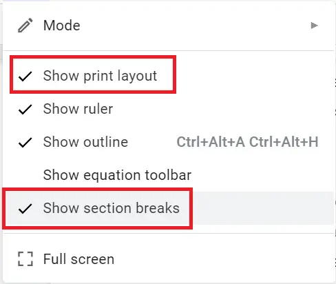 How to change page break back to dotted line in Google Docs