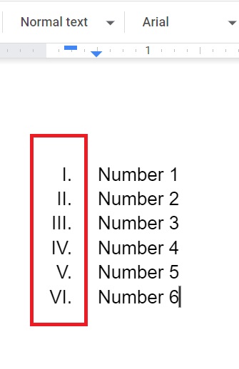 Roman numeral list in Google Docs