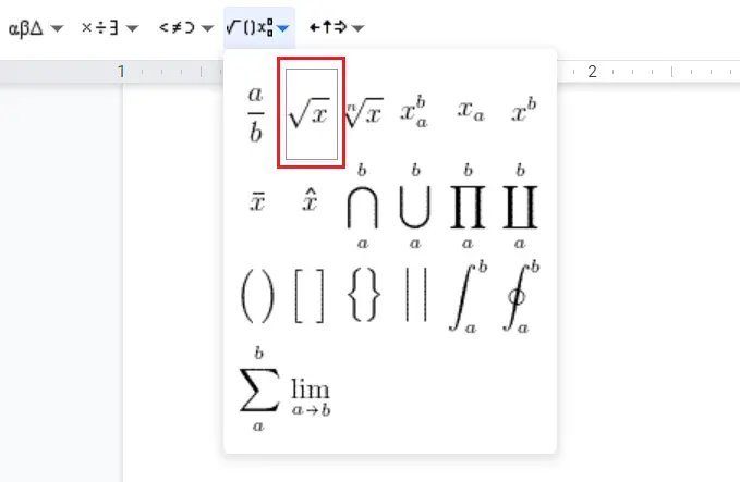 How to type square root in Google Docs with equation toolbar