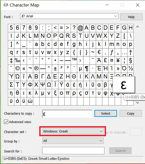 Windows Character Map to insert reverse 3