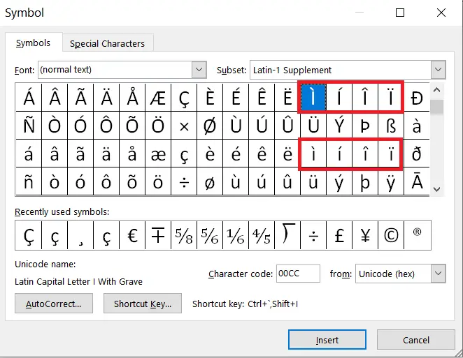 Type I with Accent Mark Í, Ì, Î, Ĩ, Ï or í, ì, î, ĩ, ï