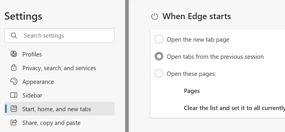 Restore previous session in Microsoft Edge