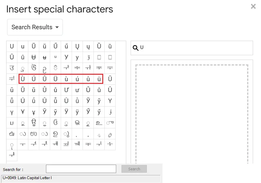 u with accent in google docs