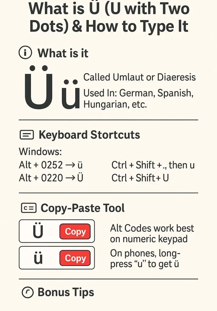 Infographic showing how to type U with two dots (ü) using keyboard shortcuts and alt codes.