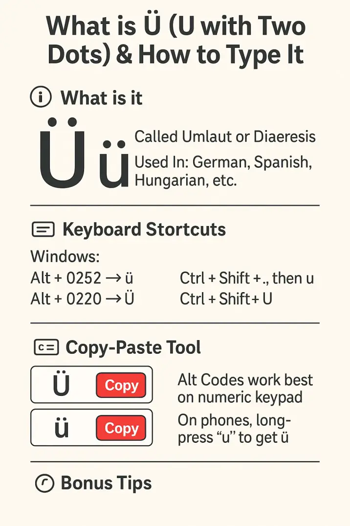 Infographic showing how to type U with two dots (ü) using keyboard shortcuts and alt codes.