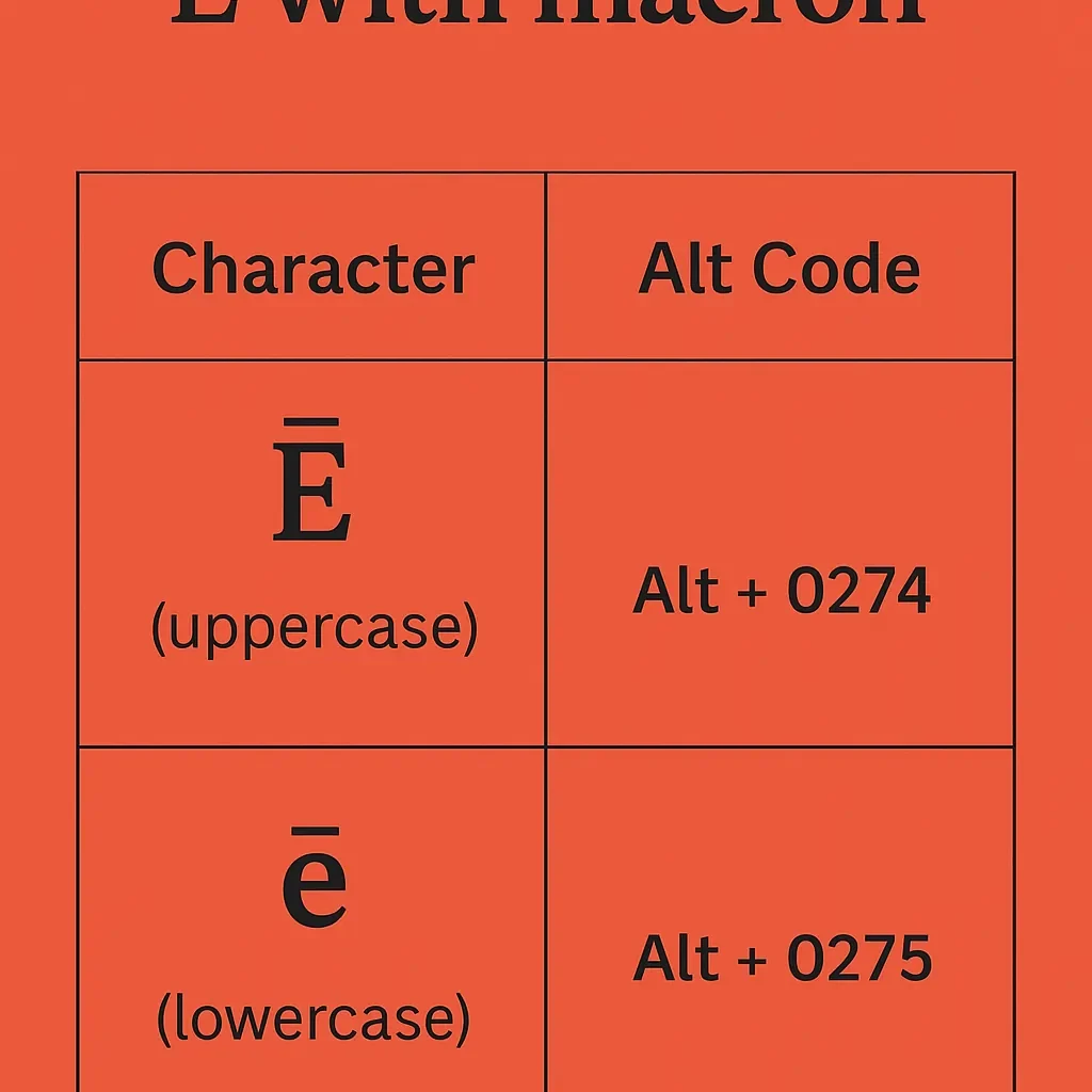 E with macron alt code chart – Ē (uppercase) Alt + 0274, ē (lowercase) Alt + 0275 – how to type e with line over it on Windows keyboard