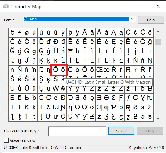 Windows Character Map shows O with macron