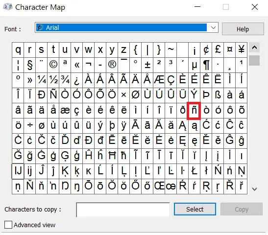 Spanish N shown in Windows Character Map