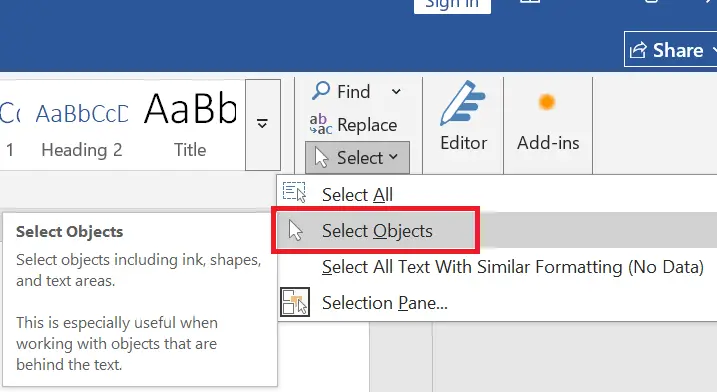 Select All Objects in Word