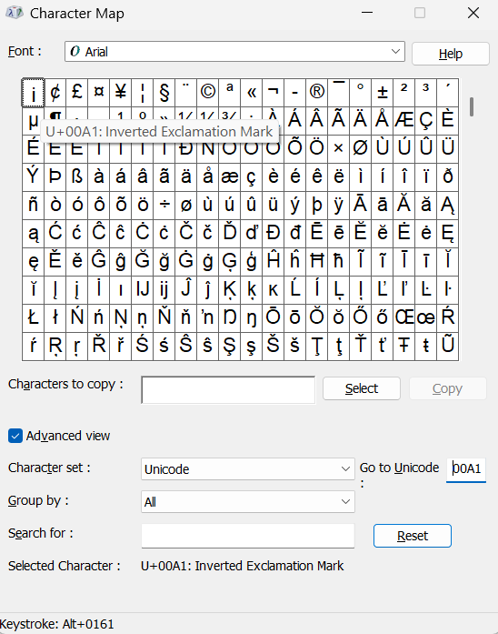 Windows Character Map shows Upside Down Exclamation Point