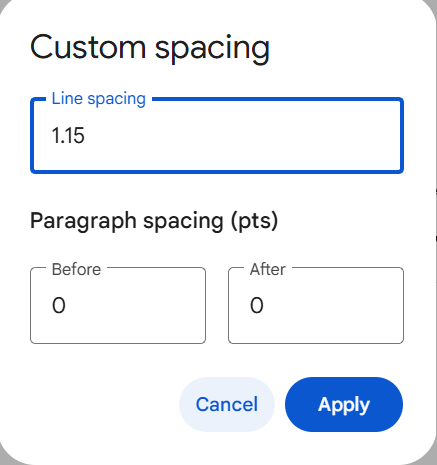 Custom spacing dialog in Google Docs with Space Before and Space After set to 0 to fix blank page after table