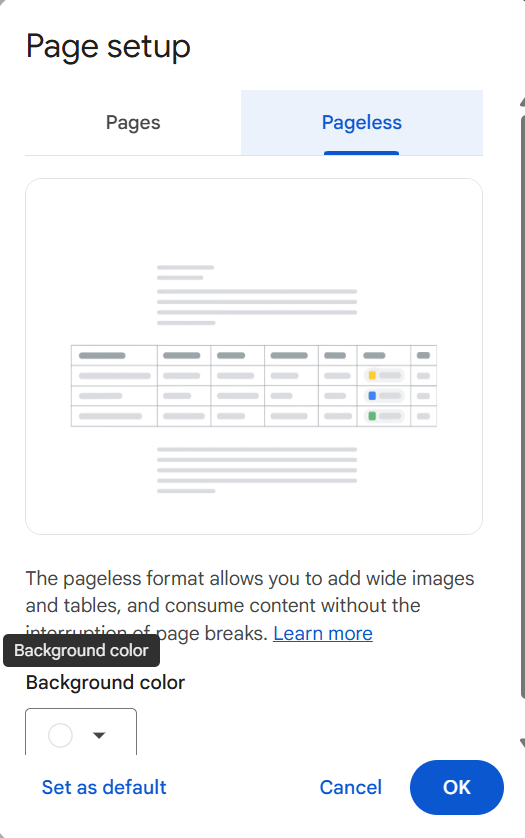 Google Docs File Page setup dialog showing Pageless tab selected to remove all page breaks